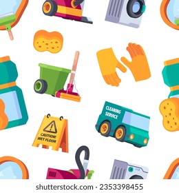 Laundry service pattern. brushes detergents rags vacuum cleaner pictures on vector seamless background
