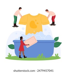 Servicio de lavandería, proceso de lavado de ropa, tareas domésticas y tareas del hogar. Gente pequeña que sostiene el jabón y la camiseta sucia para lavar las manchas en el lavabo con la Ilustración vectorial de la historieta de la espuma del detergente