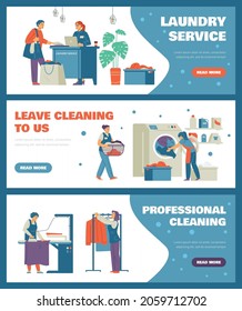 Laundry service and professional dry cleaning advertising flyers or banners collection. Laundry commercial service promotion materials bundle, flat vector illustration.