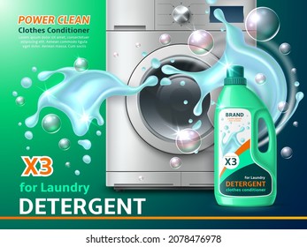 Laundry service. Realistic steel washing machine with detergent, water splashes and flying soap bubbles. Professional cleaning and caring of clothes advertising banner