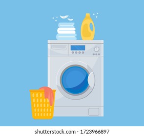 Laundry service room vector illustration, flat cartoon washing machine with linen baskets and detergent