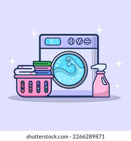 Laundry service room vector illustration, cute cartoon working washing machine with linen baskets and detergent isolated on color background