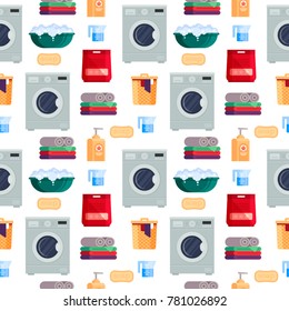 Laundry service seamless pattern, house cleaning tools on white background. Detergent and launder products, household equipment for washing - flat vector illustration