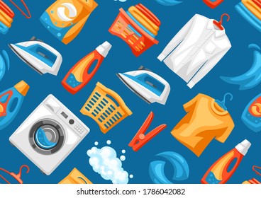 Laundry service seamless pattern with professional items. Washing and cleaning background.