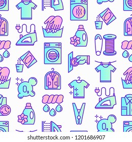 Laundry service seamless pattern with thin line icons: washing machine, spin cycle, drying machine, fabric softener, iron, handwash, washing powder, steaming, ozonation. Modern vector illustration.