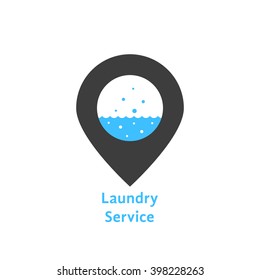 laundry service with simple pin. concept of professional agency, tide, washhouse pictogram, client support, spray. flat style trend modern logotype design vector illustration on white background