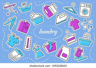 Laundry service - sticker set. Vector collection of washing sign.