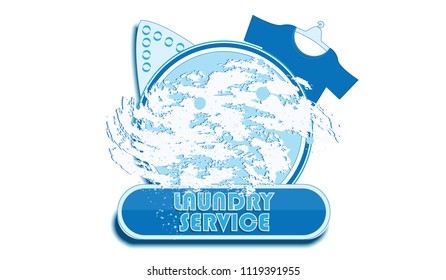 Laundry service - a symbol of a washing machine with soap foam, an iron, a shirt - isolated on a white background - art vector