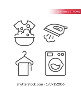 Laundry service thin line icon set. Iron with steam, dry cleaning, washing machine symbols. Outline, editable stroke icons.