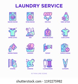 Laundry service thin line icons set: washing machine, spin cycle, drying machine, fabric softener, iron, handwash, washing powder, steaming, ozonation, repair, clothepin. Modern vector illustration.