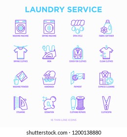 Laundry service thin line icons set: washing machine, spin cycle, drying machine, fabric softener, iron, handwash, washing powder, steaming, ozonation, repair, clothepin. Modern vector illustration.