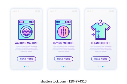 Laundry service thin line icons set: washing machine, drying machine, clean clothes. Modern vector illustration.