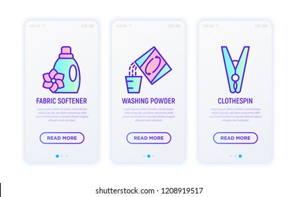 Laundry service thin line icons set: fabric softener, washing powder, clothespin. Vector illustration for user mobile interface.