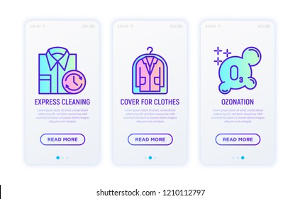Laundry service thin line icons set: express cleaning, cover for clothes, ozonation. Modern vector illustration.