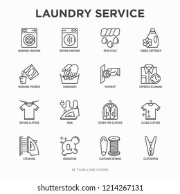 Laundry service thin line icons set: washing machine, spin cycle, drying machine, fabric softener, iron, handwash, washing powder, steaming, ozonation, repair, clothepin. Modern vector illustration.