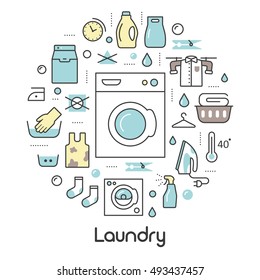 Laundry Service Thin Line Icons Set with Laundrette Elements