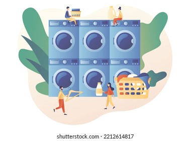 Laundry service. Tiny people laundry in washing machines. Laundromat, home appliance, housekeeping concept. Modern flat cartoon style. Vector illustration on white background
