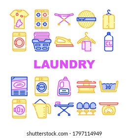 Laundry Service Tool Collection Icons Set Vector. Laundry And Drying Machine, Dirty And Clean Clothes, Washing Powder And Conditioner Concept Linear Pictograms. Color Contour Illustrations