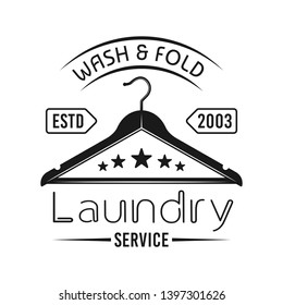 Laundry service vector emblem, label, badge or logo with clothes hanger in vintage monochrome style isolated on white background