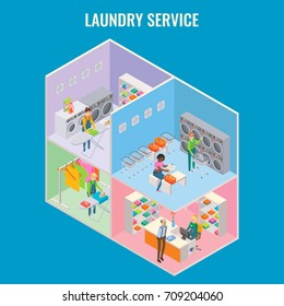 Laundry service vector flat 3d isometric illustration. Cutaway laundry interior with reception, ironing room, commercial and self-service laundry.