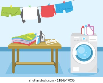 Laundry Service Vector Illustration. Washing Machine And Clean Clothes