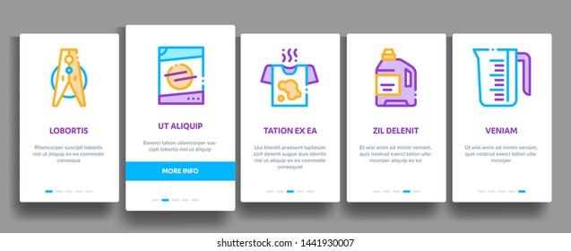 Laundry Service Vector Onboarding Mobile App Page Screen. Laundry Service, Washing Clothes Linear Pictograms. Laundromat, Dry-Cleaning, Launderette, Stain Removal, Ironing Color Contour Illustration
