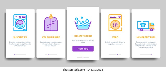 Laundry Service Vector Onboarding Mobile App Page Screen. Laundry Service, Washing Clothes Linear Pictograms. Laundromat, Dry-Cleaning, Launderette, Stain Removal, Ironing Color Contour Illustration