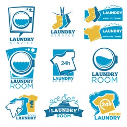 Wäscheservice Vektor-Vorlagensymbole Set Aus Wäsche, Waschmaschine Und Waschmittel