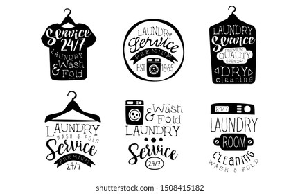 Laundry Service, Wash and Fold Labels Set, Dry Cleaning Vintage Hand Drawn Badges Monochrome Vector Illustration