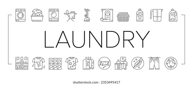 Laundry Service Washing Clothes Icons Set Vector. Laundry And Drying Machine For Wash And Dry Textile Clothing, Steam And Iron Device For Clean Garment Black Contour Illustrations