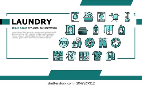 Laundry Service Washing Clothes Landing Web Page Header Banner Template Vector. Laundry And Drying Machine For Wash And Dry Textile Clothing, Steam And Iron Device For Clean Garment Illustration