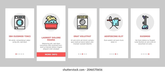 Laundry Service Washing Clothes Onboarding Mobile App Page Screen Vector. Laundry And Drying Machine For Wash And Dry Textile Clothing, Steam And Iron Device For Clean Garment Illustrations