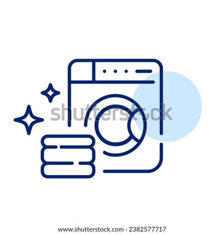 Laundry service. Washing machine, folded clean clothes and sparkles. Pixel perfect icon