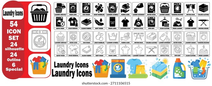 Laundry Service Washing Machine Icon Set, 54 cleaning symbols in 3 styles: solid, outline, special. Includes detergent, iron, basket, and fabric care signs on white background for app UI.
