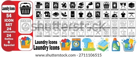 Laundry Service Washing Machine Icon Set, 54 cleaning symbols in 3 styles: solid, outline, special. Includes detergent, iron, basket, and fabric care signs on white background for app UI.