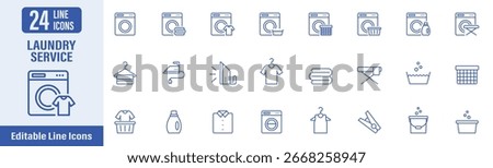 Laundry Service web icons in line style. Contains icons as laundry, washing, washing machine, washer, detergent, clean and more. Vector illustration.