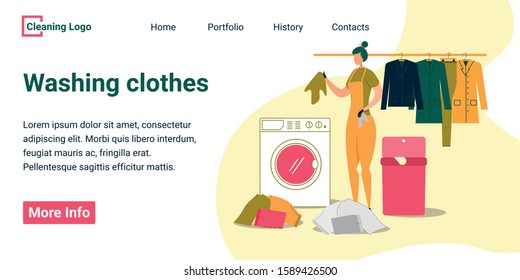 Laundry Service Website Banner Vector Illustration. Woman Sorting Clothes and Standing near Washing Machine, Detergents, Bucket with Things. Cleaning Company Web Page. Hanging Jackets, Trousers.