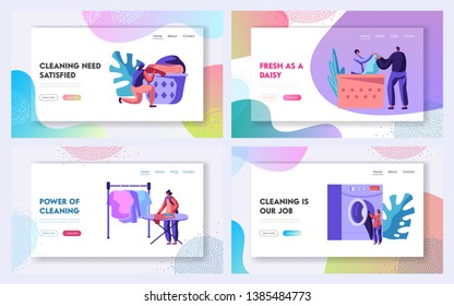 Laundry Service Website Landing Page Templates Set. Male and Female Characters Loading Clothes to Wash Machine, Ironing, Rolling Cart . Wash Service Web Page, Cartoon Flat Vector Illustration, Banner