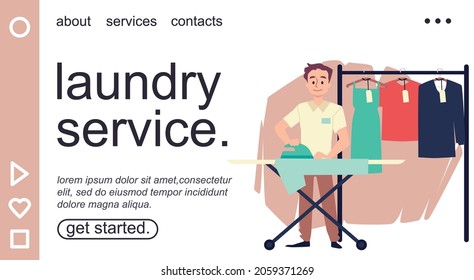 Wäscheservice-Website oder Präsentation Seite Design. Wäsche- und Wäscherei, professionelles Bügelservice, Webpage-Vorlage, flache Vektorgrafik.