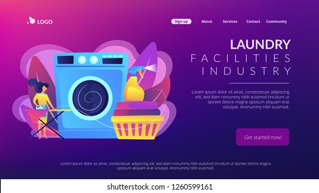 Laundry service worker ironing, washing machine. Dry cleaning and laundering, laundry facilities industry, cleaning and restoration services concept. Website vibrant violet landing web page template.