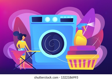 Laundry service worker ironing  washing machine  Dry cleaning   laundering  laundry facilities industry  cleaning   restoration services concept  Bright vibrant violet vector isolated illustration