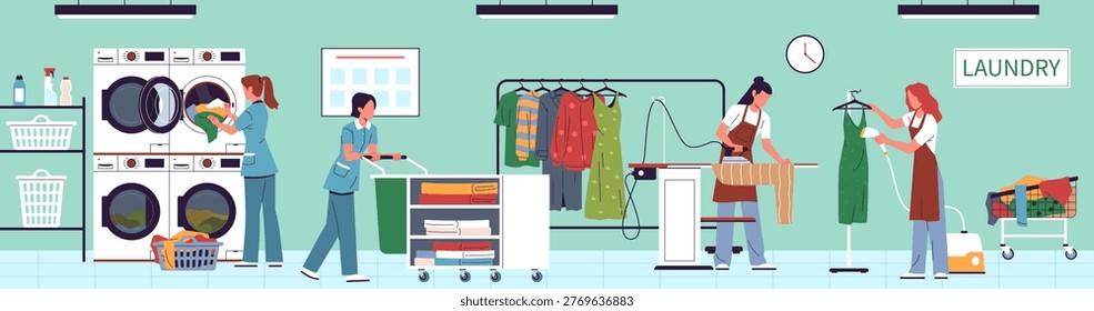 Laundry service workflow. Professional laundresses take care of clothes, women staff in uniform wash, iron, steam and sort, ironing and steaming garments nowaday vector cartoon flat isolated concept