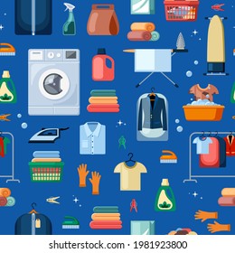 Laundry services and accessories seamless pattern. Clothespins and rubber gloves with clothes brush yellow ironing board.