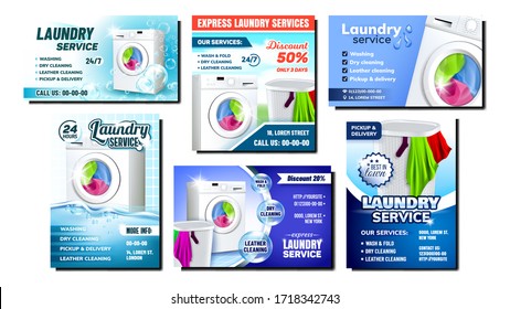 Laundry Services Advertising Posters Set Vector. Collection Of Different Promo Banners Flyers With Laundry Washing Machine Electronic Tool And Basket Filled. Housework Template Illustrations