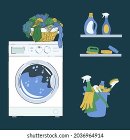Laundry services, apartment cleaning. Cartoon illustration of household items for cleaning and washing. Washing machine, powders, detergents, brushes, rags, sponges, buckets, gloves. Vector illustrati