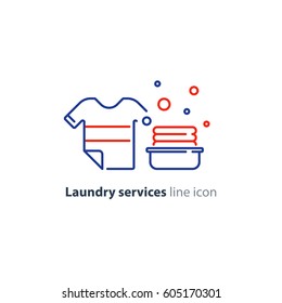 Laundry services, clean clothes, water and dry cleaning, stack of clothing in basket, vector line icons