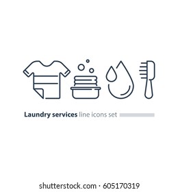 Laundry services, clean clothes, water and dry cleaning, stack of clothing in basket, water drop and brush vector line icons set