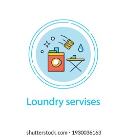Laundry services concept line icon.Washing,drying and ironing.Washing machine,ironing board.Using chemical solvent with water.Cleaning service concept.Vector isolated conception metaphor illustration