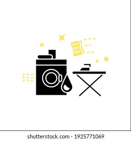 Servicio de lavandería icono de glifo.Lavado, secado y planchado.Lavadora,tabla de planchar.Uso de disolvente químico con agua.Concepto de servicio de limpieza.Signo plano relleno.Isolación de silueta vectorial