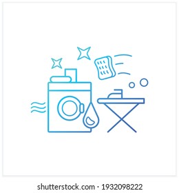 Icono de gradiente de servicios de lavandería.Lavado, secado y planchado.Lavadora,tabla de planchar.Uso de disolvente químico con agua.Ilustración vectorial aislada.Adecuada a banners, aplicaciones móviles y presentación